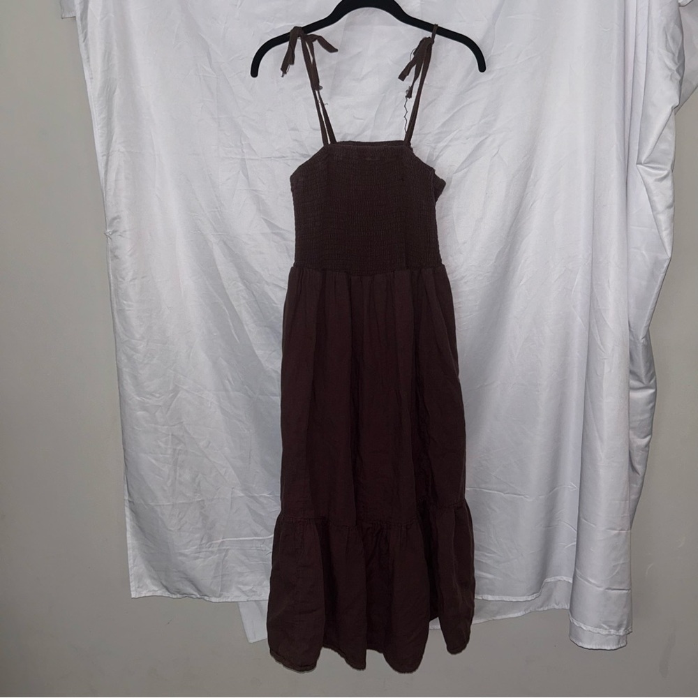 Torrid Dress Ribbed Ruched Brown Thin Straps Maxi Flowy 1 Tier Textured